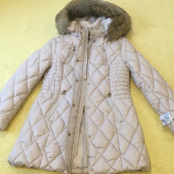 New! Laundry By Design Cream/Gold Quilted Puffer Coat Fur Trim Hood Large - Picture 8 of 13